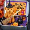 Halloween Bear In A Box Handmade Cute Witch Bear In A Tin for Trick or Treat Miniature Plush Bear with Broom Pumpkin Cat Halloween Party Gift