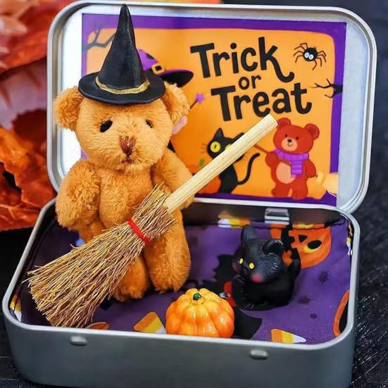 Halloween Bear In A Box Handmade Cute Witch Bear In A Tin for Trick or Treat Miniature Plush Bear with Broom Pumpkin Cat Halloween Party Gift
