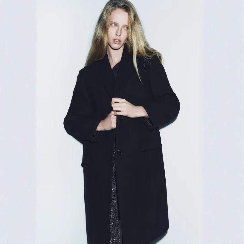 2024 European & American Women's Turn-Down Collar Long-Sleeve Button-Embellished Medium-Length Coat