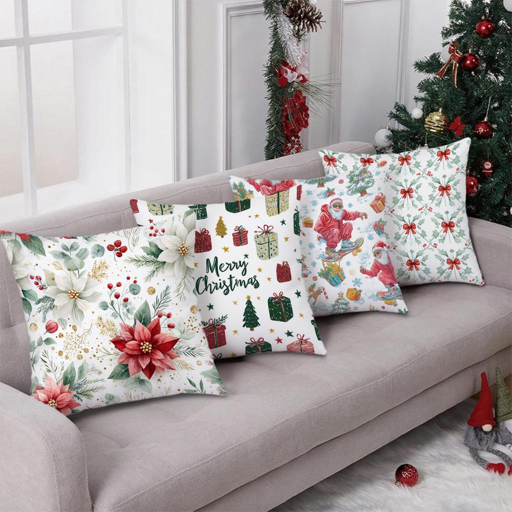 Christmas-Themed Floral & Gift Print Pillowcasesuitable For Sofa Car Bedroom Decorative Cushion Cover Pillow Cover