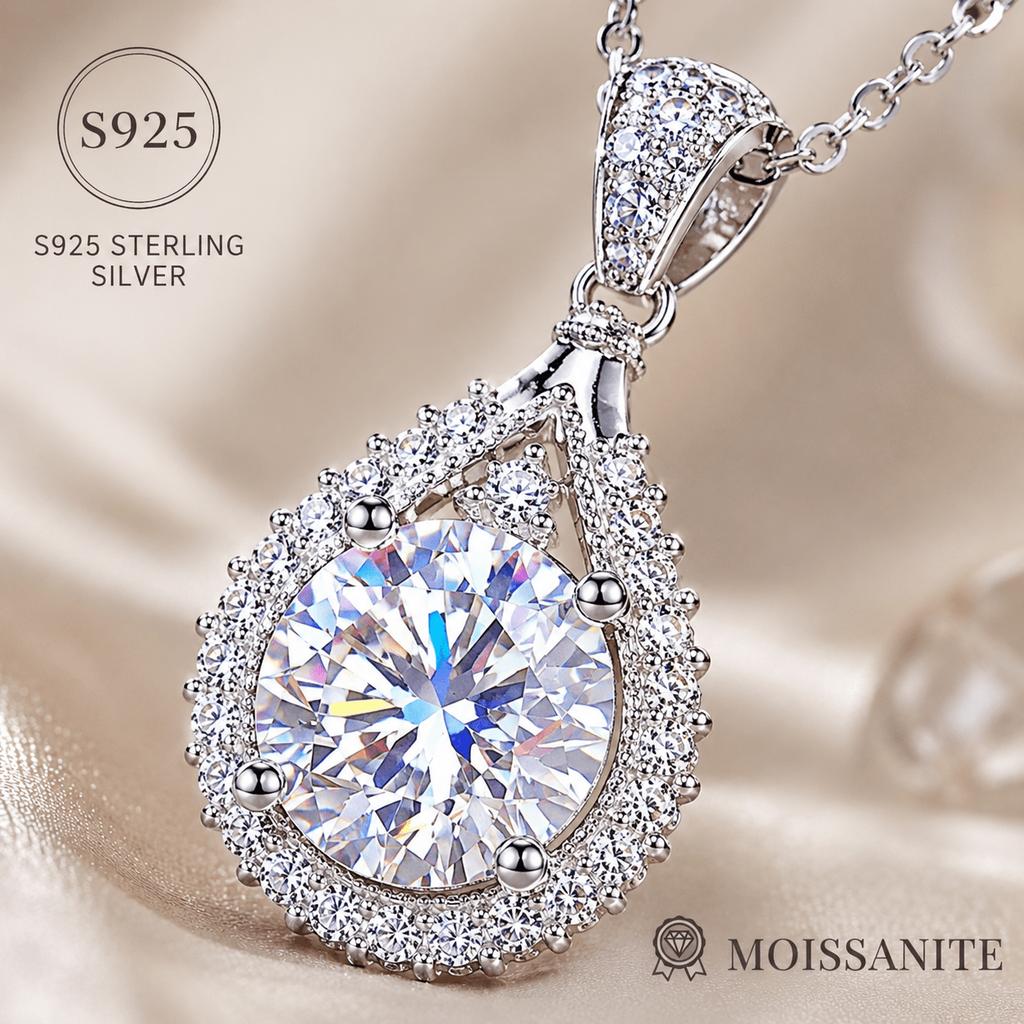 3Carat Round Moissanite Teardrop Pendant Necklace18Inch Silver Chain for Women