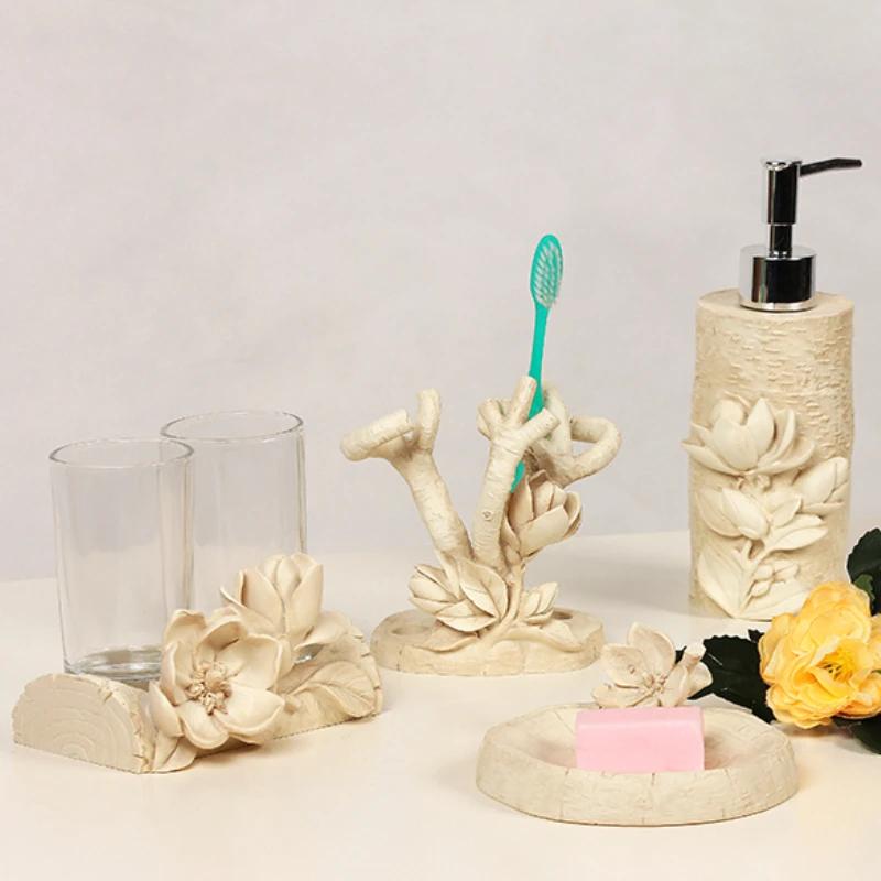 Resin Bathroom Utensils Lotion Bottle Soap Dish Mouthwash Cup Holder Toothbrush Holder Home Accessories Flower Bathroom Products
