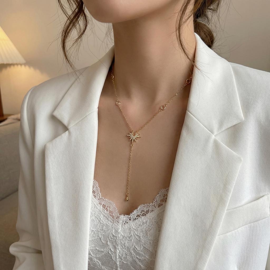 Sexy Rhinestone Long Necklace for Women Gold Color Water Droplet Sun Zircon Pendant Tassel Choker Party Accessories Jewelry Gift