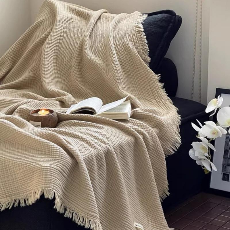 

Premium Combed 4-Layer Gauze Blanket Japanese Style Jacquard Tassel Design Sofa Cover Blanket for Office Nap Home Living Room хакі