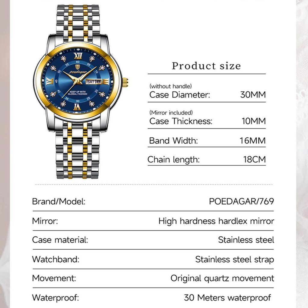 Dames quartzhorloge Nieuw waterdicht lichtgevend horloge met dubbele kalender