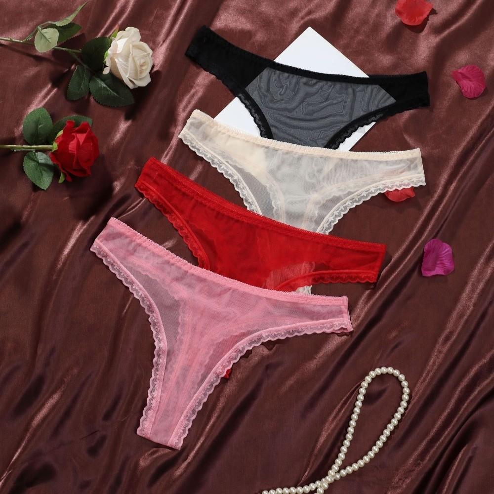 Transparent Mesh Briefs Women Low Waist Romantic T Panties Mesh Sheer Lace Thong  Ladies Girls Gift