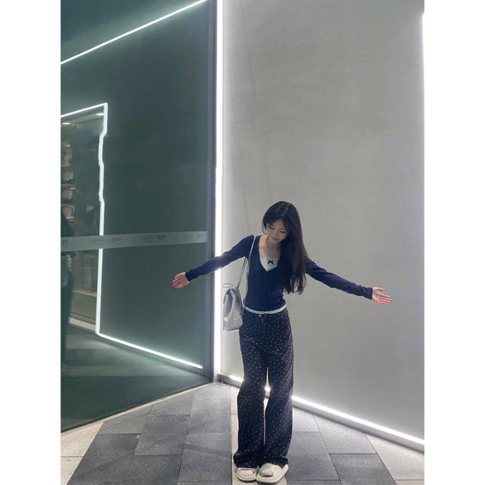 

Women s Retro V-Neck Sweet & Spicy Slim-Fit Two-Piece Long Sleeve T-Shirt Extra Large синий