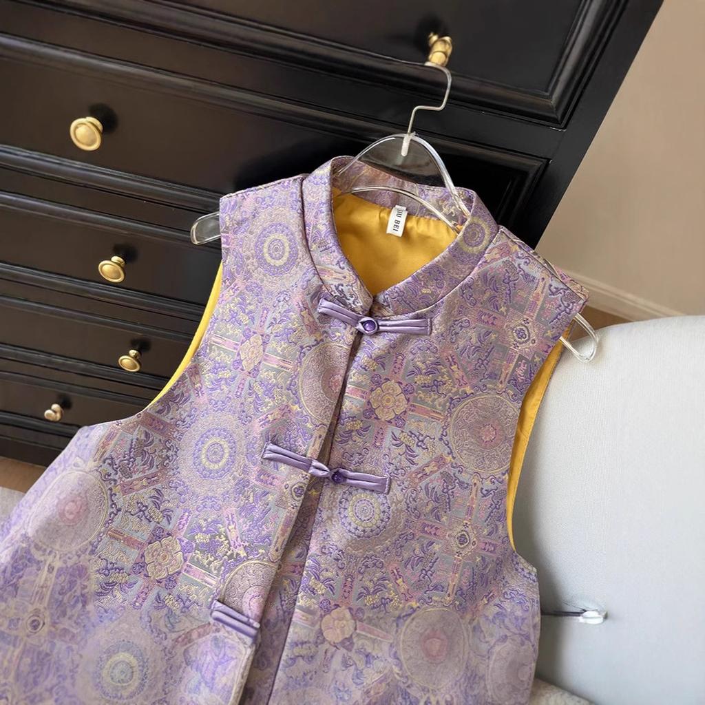 Bada Haojing pattern imitation disc buckle stand-up collar clothing fabric star with the same vest women's top satin cloth
