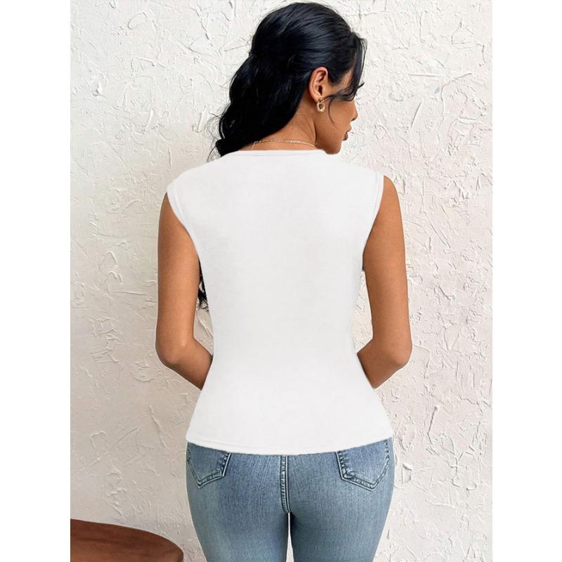 DAFIFY Women's Fashion Casual Summer Spring Solid Color Print Sleeveless Oblique Collark Blouses & Shirts