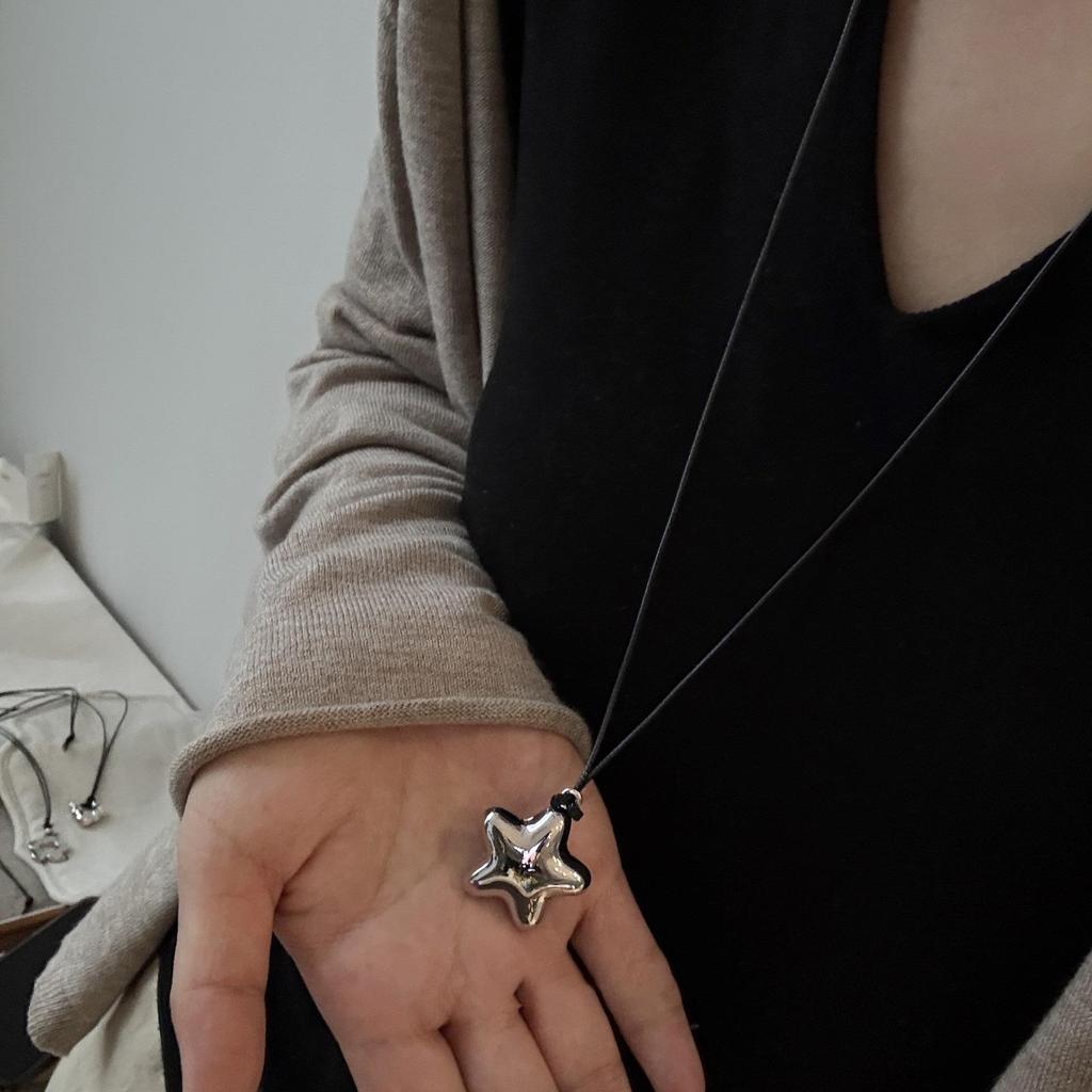 Geometric Silver Black Rope Sweater Chain Necklace for Women, Korean-Style, Long and Versatile