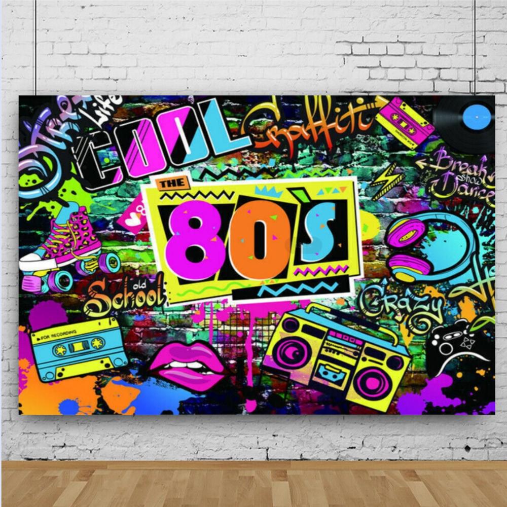 Back To 80's Theme Party Decoration 80's Party Banner Music Disco Backdrops Graffiti Neon Glow Photography Backgrounds Decor