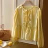 Spring Sexy Bow Strap Hollow Out Women Blouse Shirt Autumn Yellow Stripe O-Neck Long Sleeve Cardigan Casual Loose Shirts Female