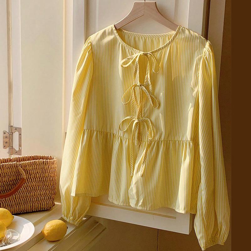 spring sexy bow strap hollow out Women Blouse Shirt Autumn yellow stripe O-Neck Long Sleeve cardigan Casual loose Shirts female