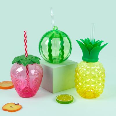 Ceașă de băutură în formă de ananas/căpșuni/pepene verde din plastic cu 6/8 bucăți, cu paie, decorație de petrecere hawaiană, ceașcă cu suc pentru piscină, plajă de vară