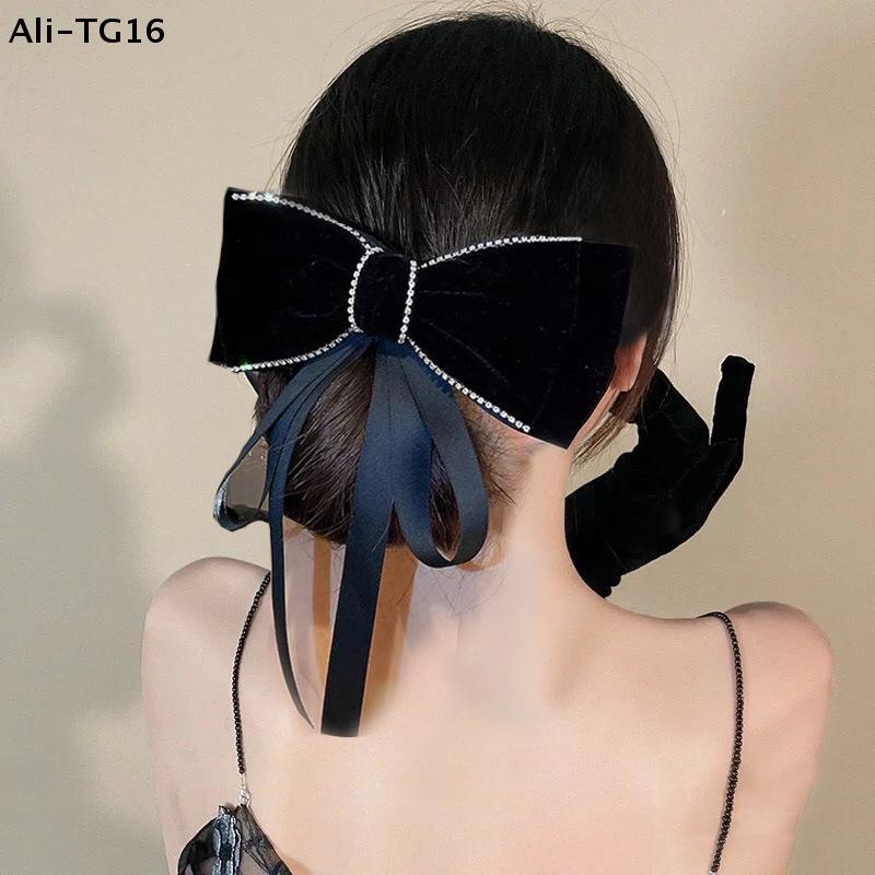 Fashion Retro Rhinestone Velvet Bow Ribbon Hairpin For Woman Temperament Back Of The Head Hair Clips New Year Hair Accessories