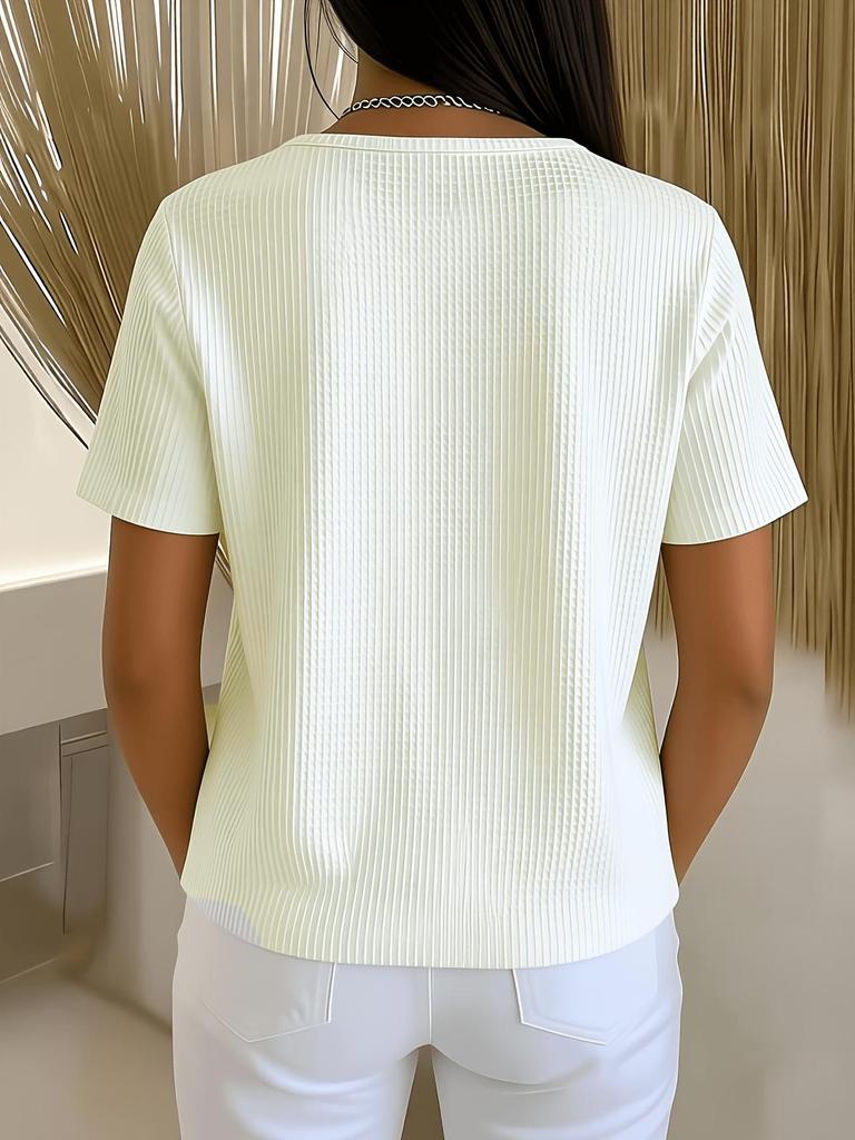 Plus Size Women's Solid Round Neck Short Sleeve Casual Top with Button Detail