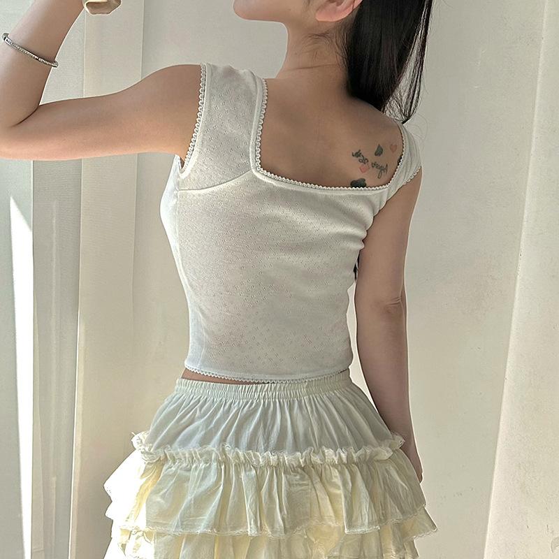 Crop tops rétro coréens Y2K Fairycore œillets Kawaii T-shirt Dentelle Bordure Col Carré Manches Courtes T-shirts Blancs