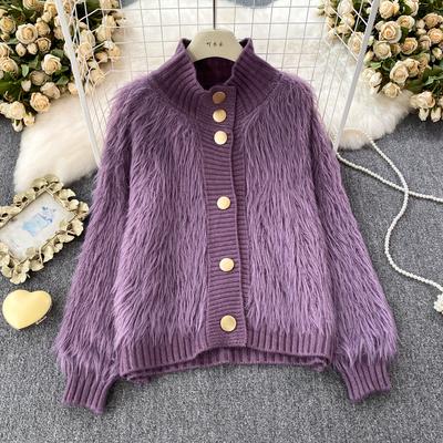 Imitation Mink Sweater Fashion Stand-UP Collar Loose Top Women's  Autumn/Winter Korean Soft Comfortable Cardigan Solid Coat