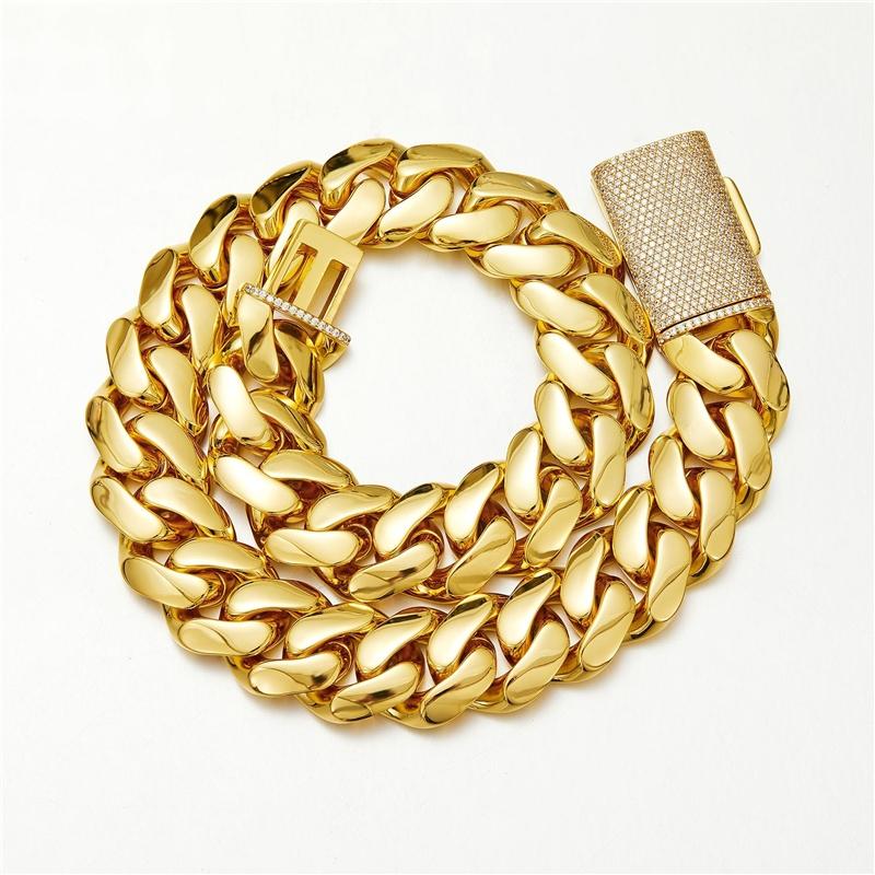 Hip Hop Iced CZ Buckle Cuban Link Chain 18mm Thick Heavy Stainless Steel Chunky Cuban Chain Necklace Real Gold Plated Jewelry Hip Hop&9inches(22.86cm) золотой
