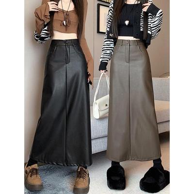 Jupe Midi en Cuir PU Taille Haute Grande Taille - Design Crayon Rétro Trapèze avec Fente pour Femmes, Collection Automne/Hiver