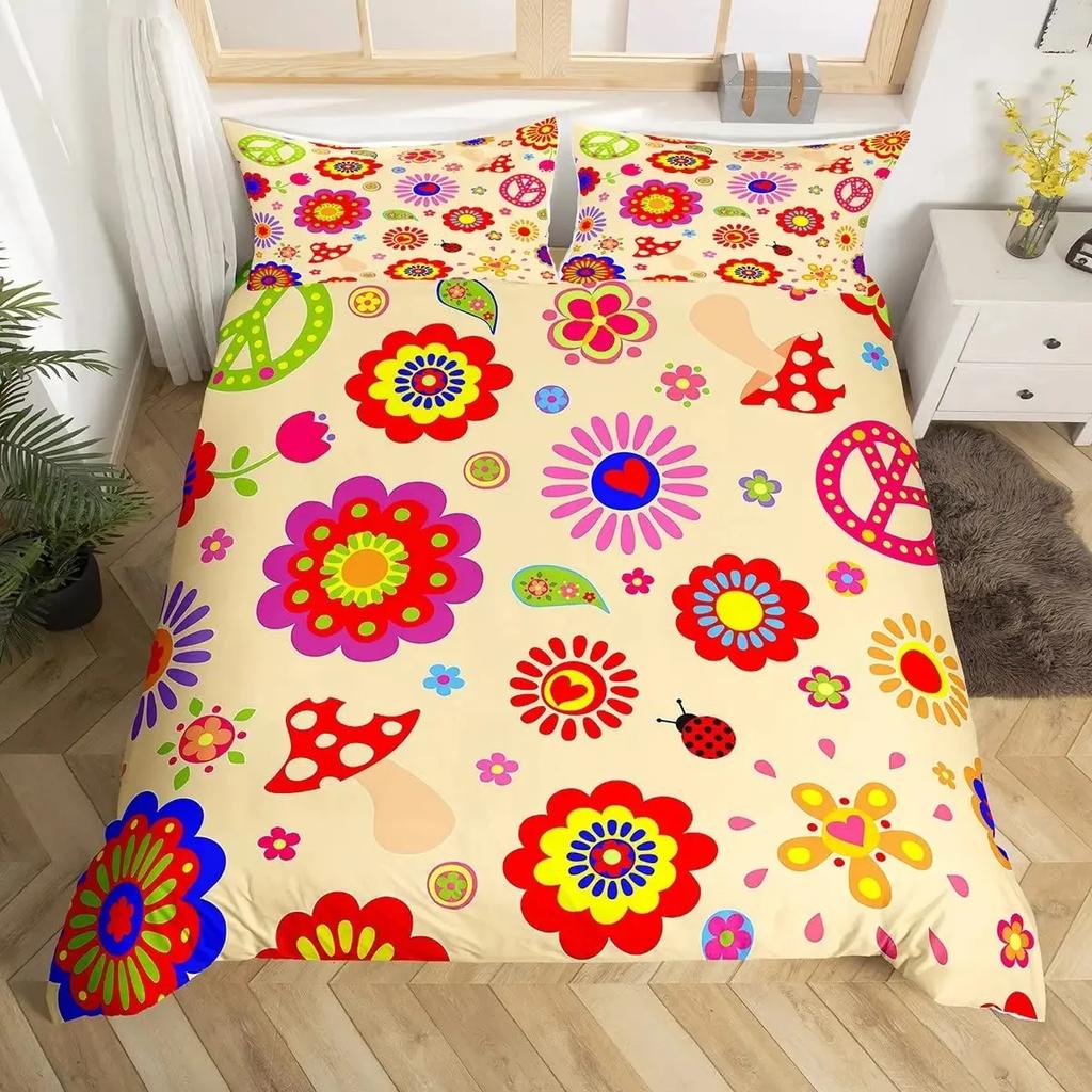 Retro 70er Jahre Hippie Stil Bettbezug Set Queen, Psychedelisches Pilz Bettwäsche Set Regenbogen Blumen Sterne Mond Bettdeckenbezug