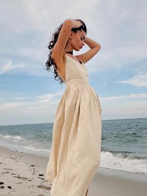 Solid Backless Beach Sling Dresses Women 2024 Summer Vintage V-neck Sleeveless Loose A-line Dress