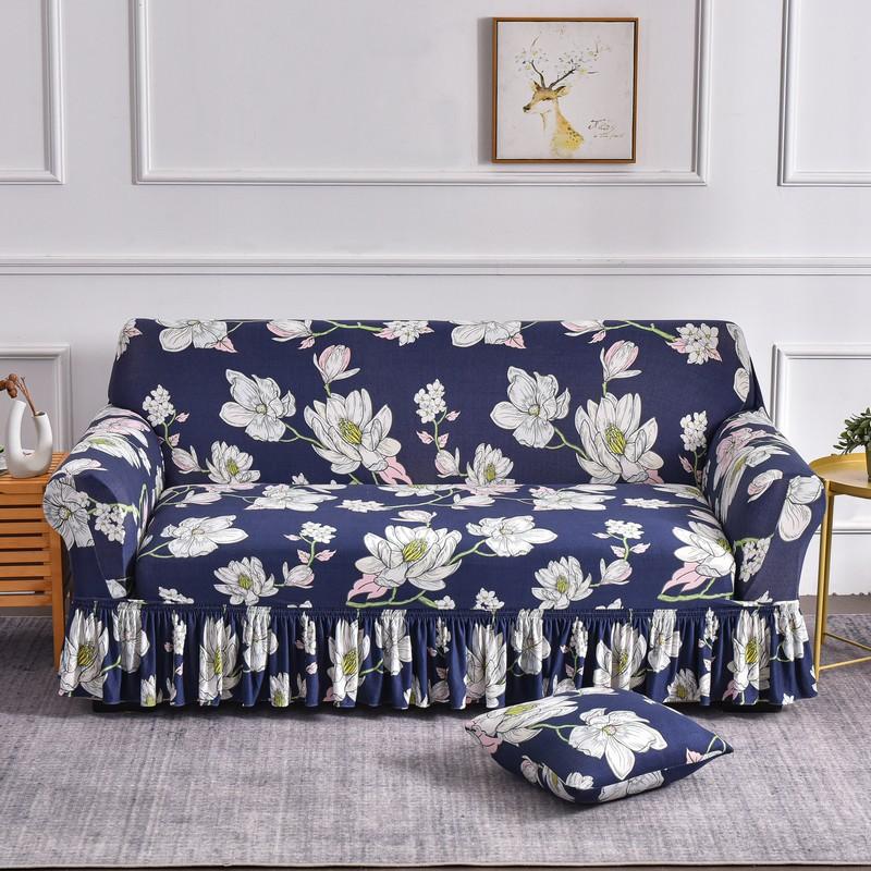 Elastic Stretchable Sofa Cover with Skirt Washable Furniture Protector Printed Slipcovers with Elastic Bottom for Living Room