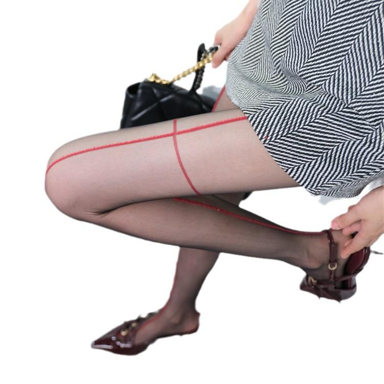Spicy Girl Sheer Black Silk Stockings with Red Vertical Line - Slimming, High Transparency Pantyhose
