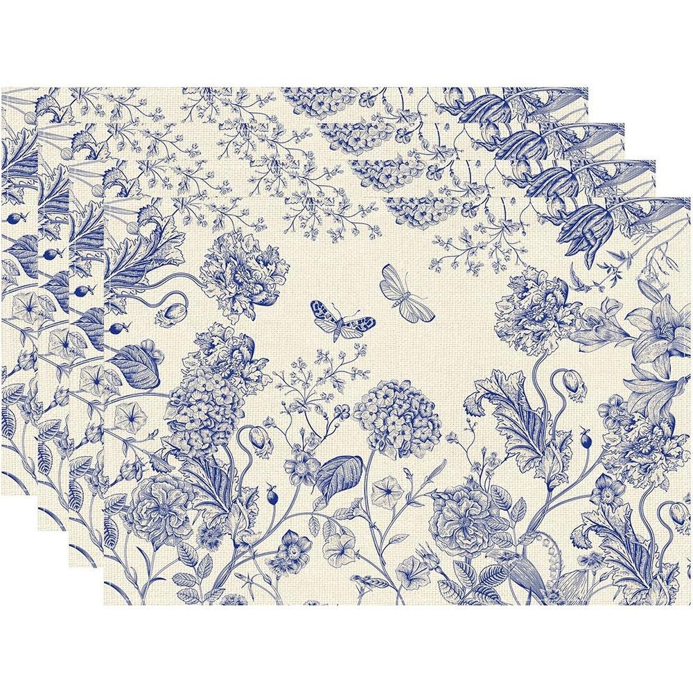 4/6/8Pcs Blue Floral Toile Placemats Premium Linen Table Mat Ideal for Household Dining Space Daily Practical Ornament