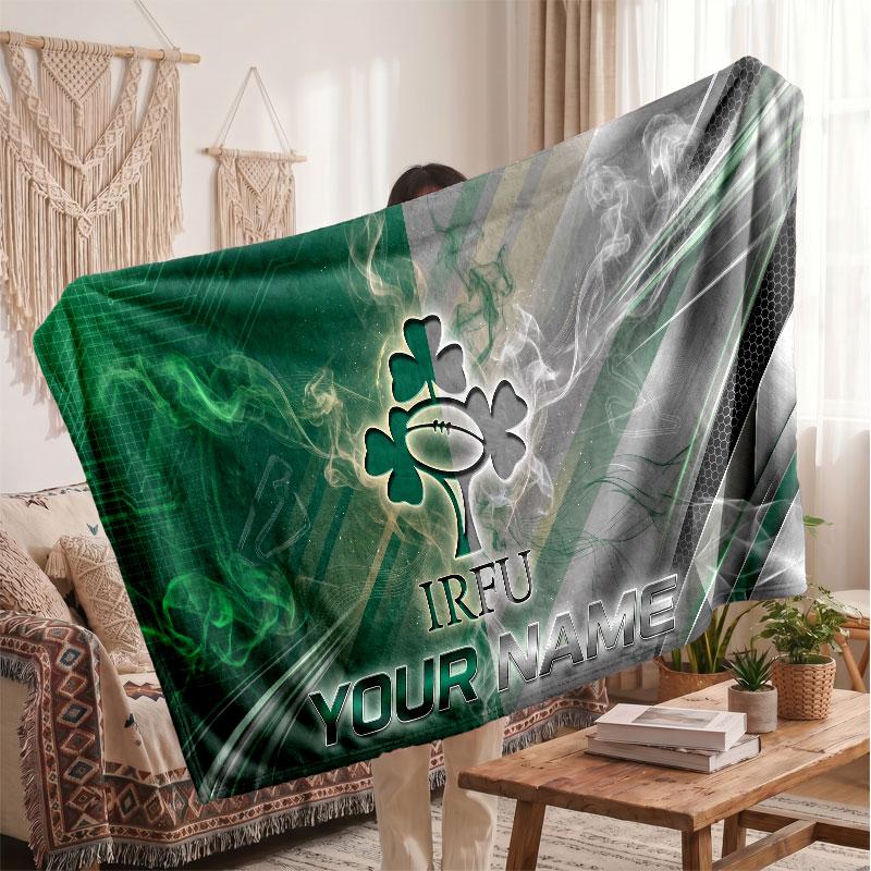 Ireland Rugby Flannel Blanket, Custom Name Text Personalized Soft Throw Blanket Home Decor Gift