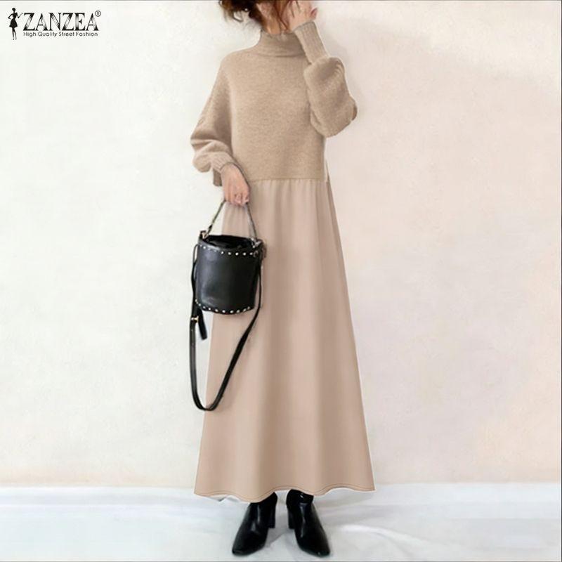 ZANZEA Lässiges, lockeres Langarmkleid für Damen mit Stehkragen