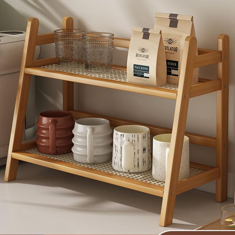 

Двухъярусный органайзер для чашек, Полка для хранения в стиле ротанга, Настольный держатель для кухни, Многофункциональный поднос для организации дома, офиса, кемпинга L