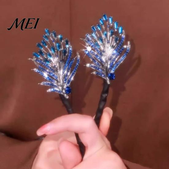 Safe Hairpin for Active Use Hair Bun Pin, Blue Feather Decor Maker Hairpin, Metal Fitness Accessories Construction Accessory Work Gym Dance