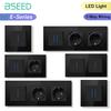 BSEED Switch Light Switch With LED Black Glass Frame Wall Power Sockets USB-C Phone Charge E-Series EU Standard 1 Way