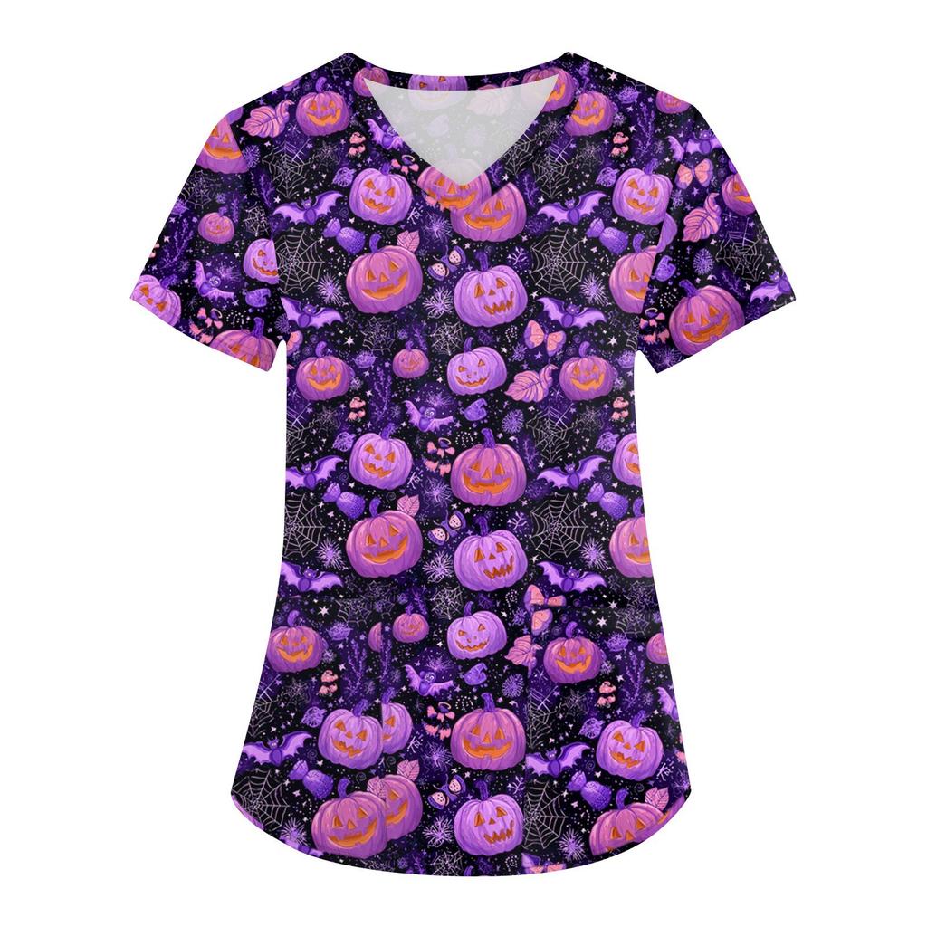 Women's Printing Uniform Work Uniform V-neck Pockets Basic Short Sleeve Pullover Top