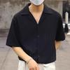 Spring Men Shirt Turn-down Collar Striped V Neck Loose Single-breasted Solid Color Baggy Loose Soft Breathable Short Sleeves Mal