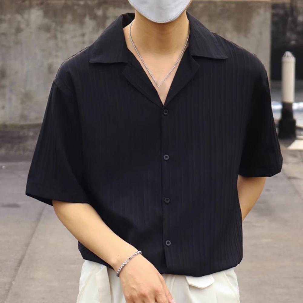 Spring Men Shirt Turn-down Collar Striped V Neck Loose Single-breasted Solid Color Baggy Loose Soft Breathable Short Sleeves Mal