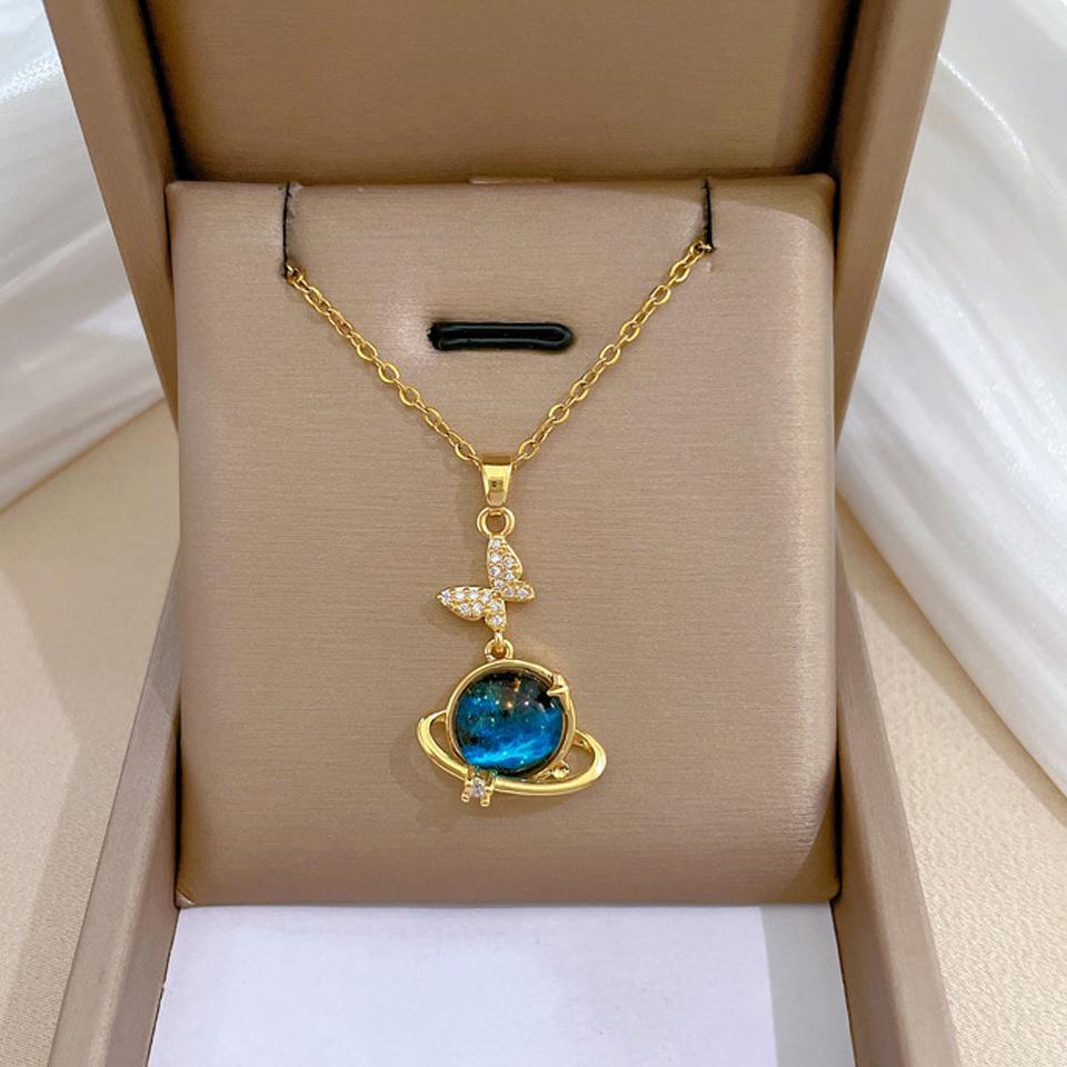 ZAKOL Light Luxury Stainless Steel Blue Starry Planet Pendant Necklace Fashion Women s Clavicle Chain Versatile Zircon Gift