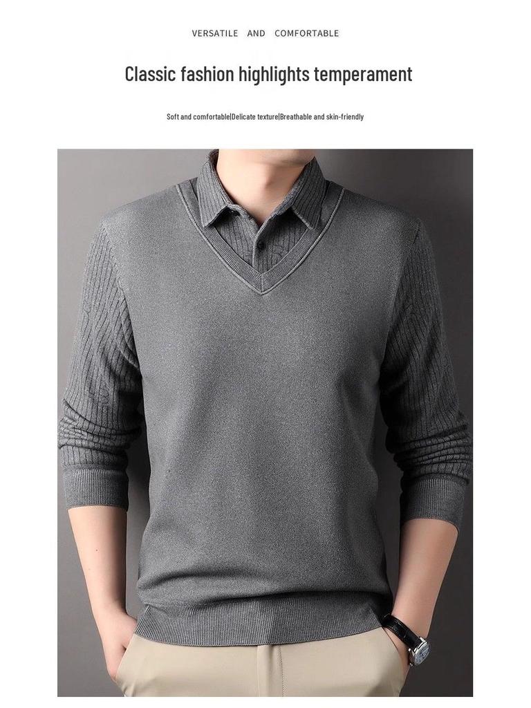 Men's Faux Two-Piece Lapel Knit Sweater - Thermal Velvet Base Layer for Autumn/Winter