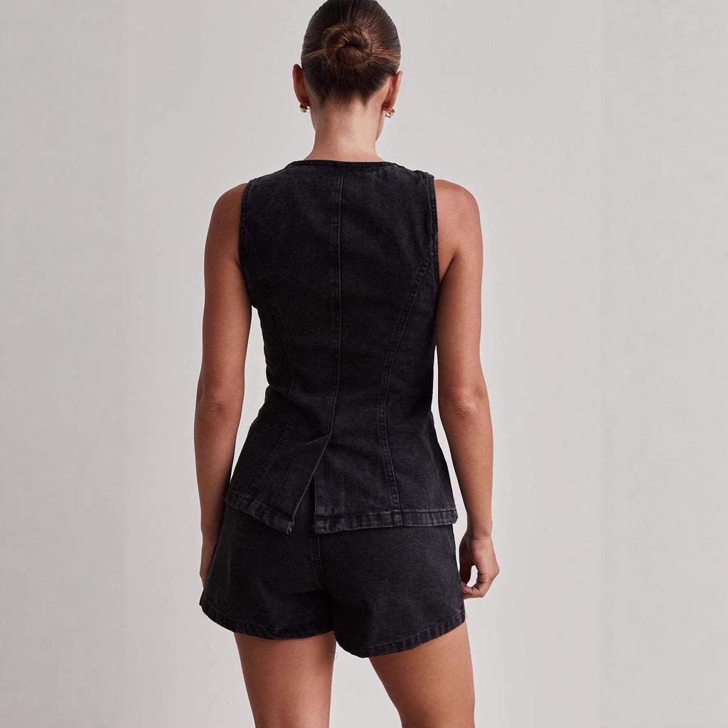 Sleeveless Denim Two-Piece Set for Women: Button Design High-Waisted Shorts, Trendy & Casual European-American Style 2026.