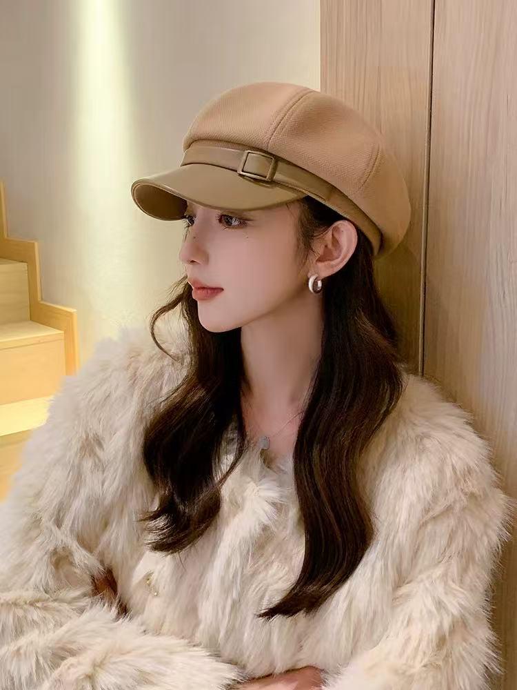 

Женский черный восьмиугольный берет: Зимняя кепка газетчика для стройного силуэта - в корейском стиле художника, с большим обхватом головы. Adjustable