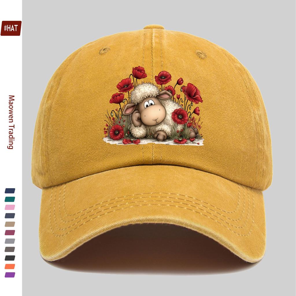 pc Sheep Print Baseball Cap with Floral Design Golf Hat Comfortable Lightweight Papa Hat Adjustable Strap Truck Driver Sun Hat