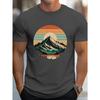 Men's Summer 100 Cotton Fashionable Sports Casual Loose Retro Snow Mountain Sunset Printed Round Neck Short Sleeved T-shirt Top