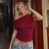 European and American Ins Style Women's Clothing Spring and Summer New Solid Color Fashionable Simple Single Shoulder Pleated Slim T-shirt Top