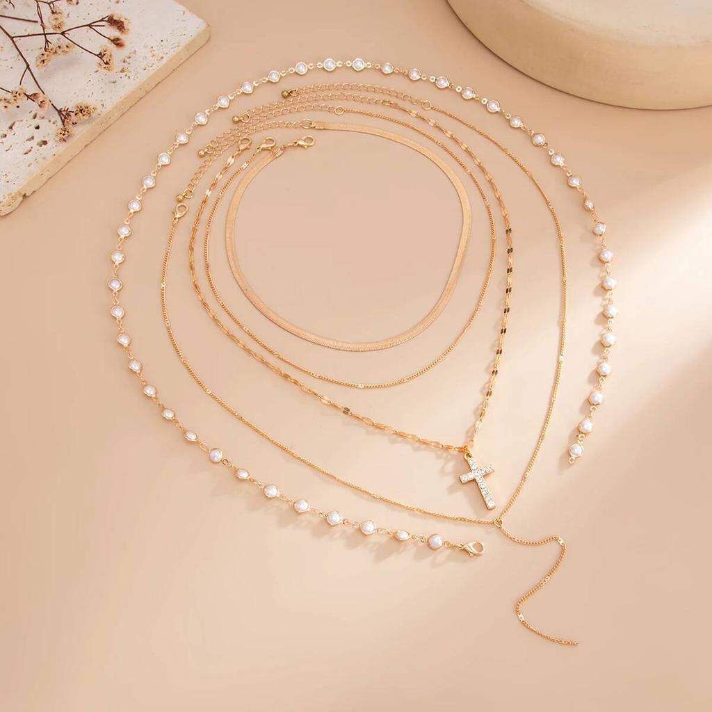 IngeSight.Z 5Pcs/Set Vintage Gold Color Cross Pendant Necklace Trend Imitation Pearl Rhinestone Choker Neck Accessory Jewelry