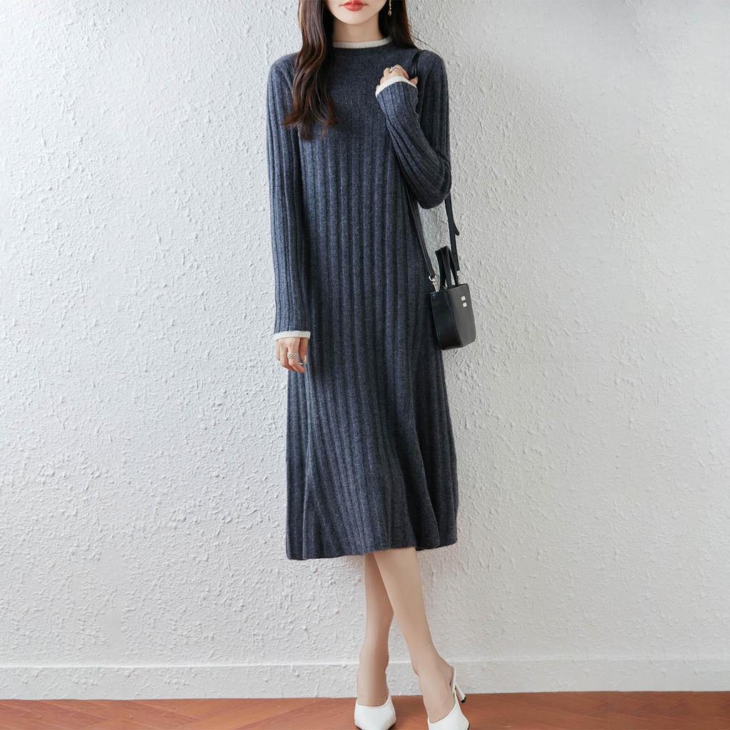 Women's Mid-Length Wool Knit Dress with High Collar - Elegant Cashmere Base Layer for Autumn/Winter