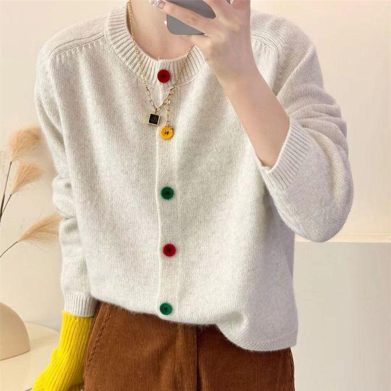 

Японский сладкий и свежий трикотаж с круглым вырезом и разноцветными пуговицами, пальто в академическом стиле, универсальный свитер в западном стиле, женский кардиган One Size белый