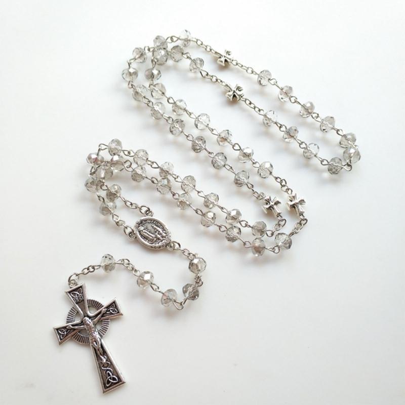 Gray Crystal Rosary Necklaces Catholic Crucifix Cross Pendant Long Necklaces Religious Jewelry for Women Men Gift