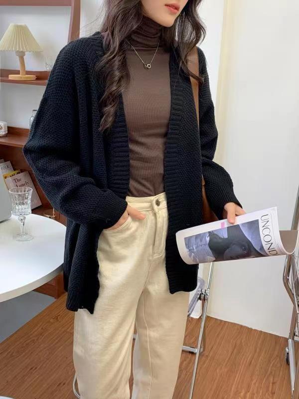 French Retro Mid Length Autumn Outerwear with Thick Thread, Loose Fit, Small Hollow Out, Women's Knitted Cardigan