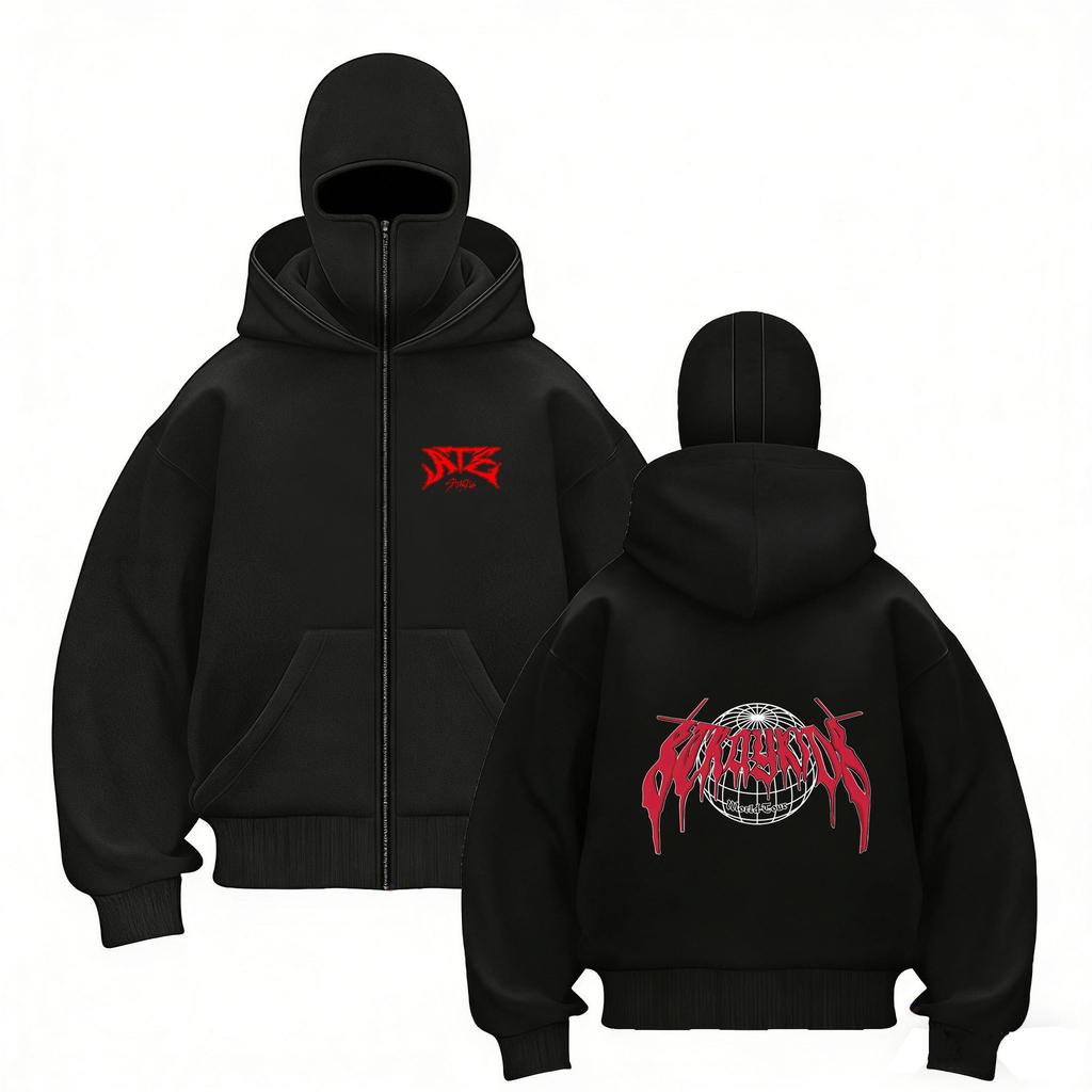 Stray Kids Skz Harajuku Printed Stray Kids Double Hood Zip-Up, Harajuku Print SKZ Hoodie for STAY Two-hat Zip-up Shirt for Men and Women